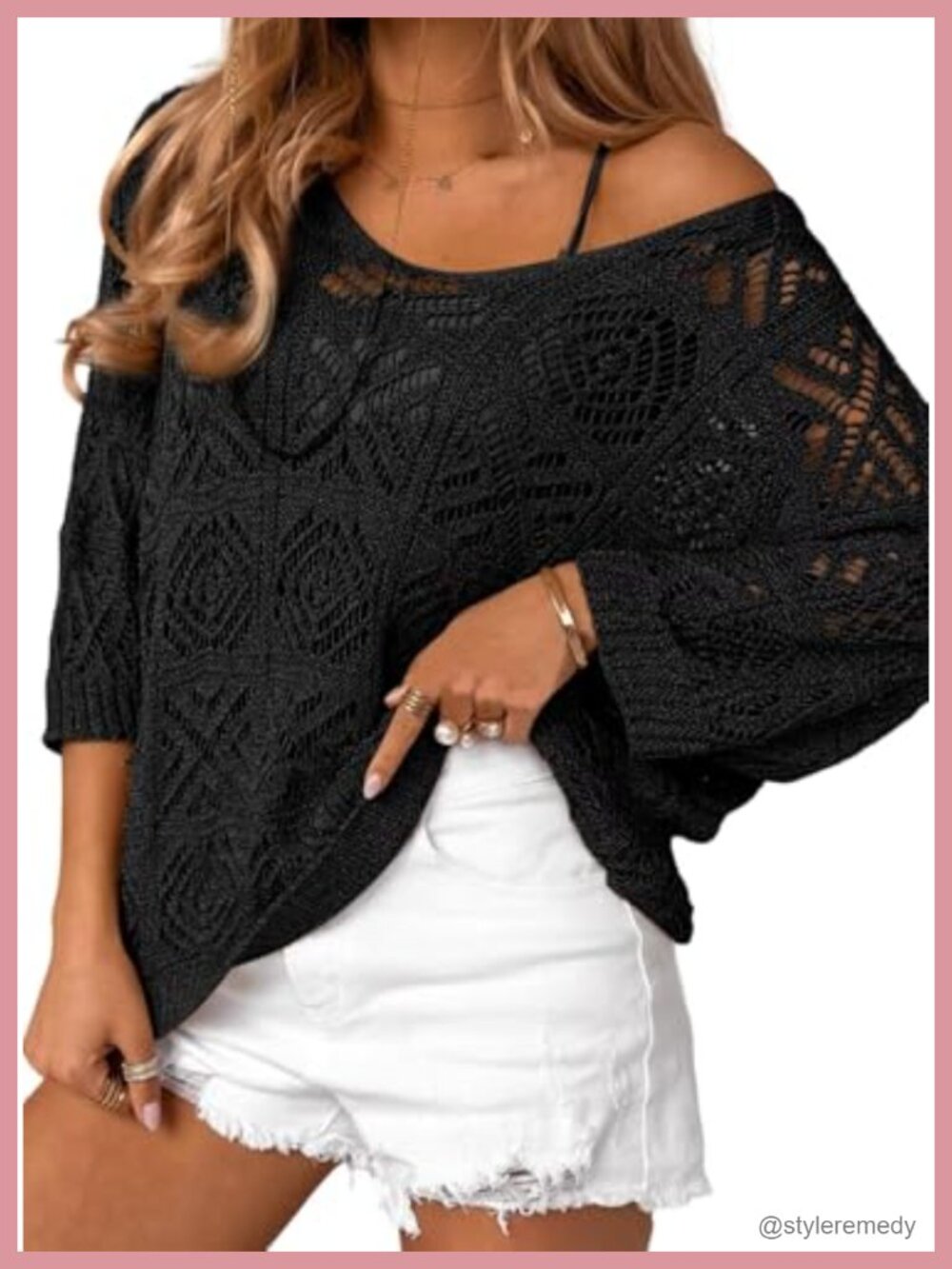 Crochet Hollow Out 3/4 Sleeve Pullover Sweater Off Shoulder Top